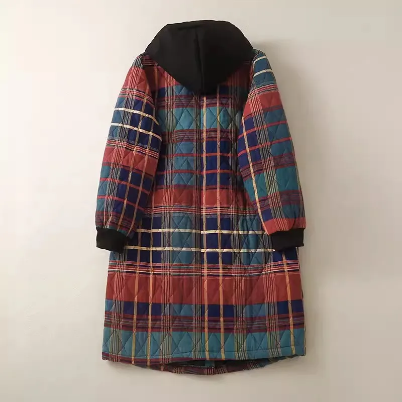 Vintage Literary Plaid Women Long Coat 2024 New Autumn Winter Cotton Linen Hooded Jackets Casual Loose Cotton-Padded Parkas