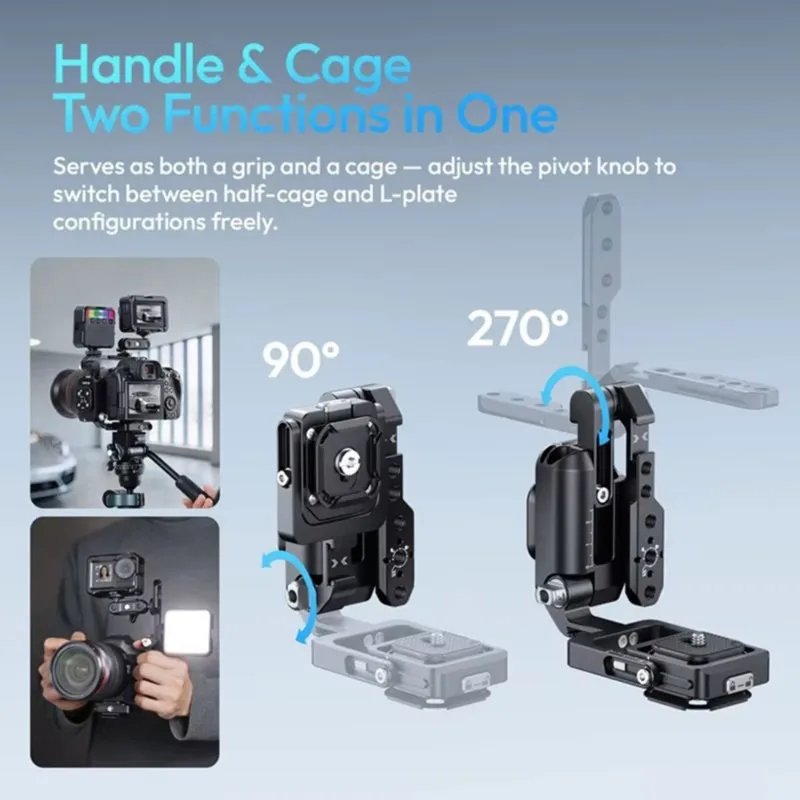 A82Z-XJ01 Universal Foldable Camera Cage 2-in-1 Handle Cage for DSLR Mirrorless Camera Tripod Gimbal with Phone Clamp