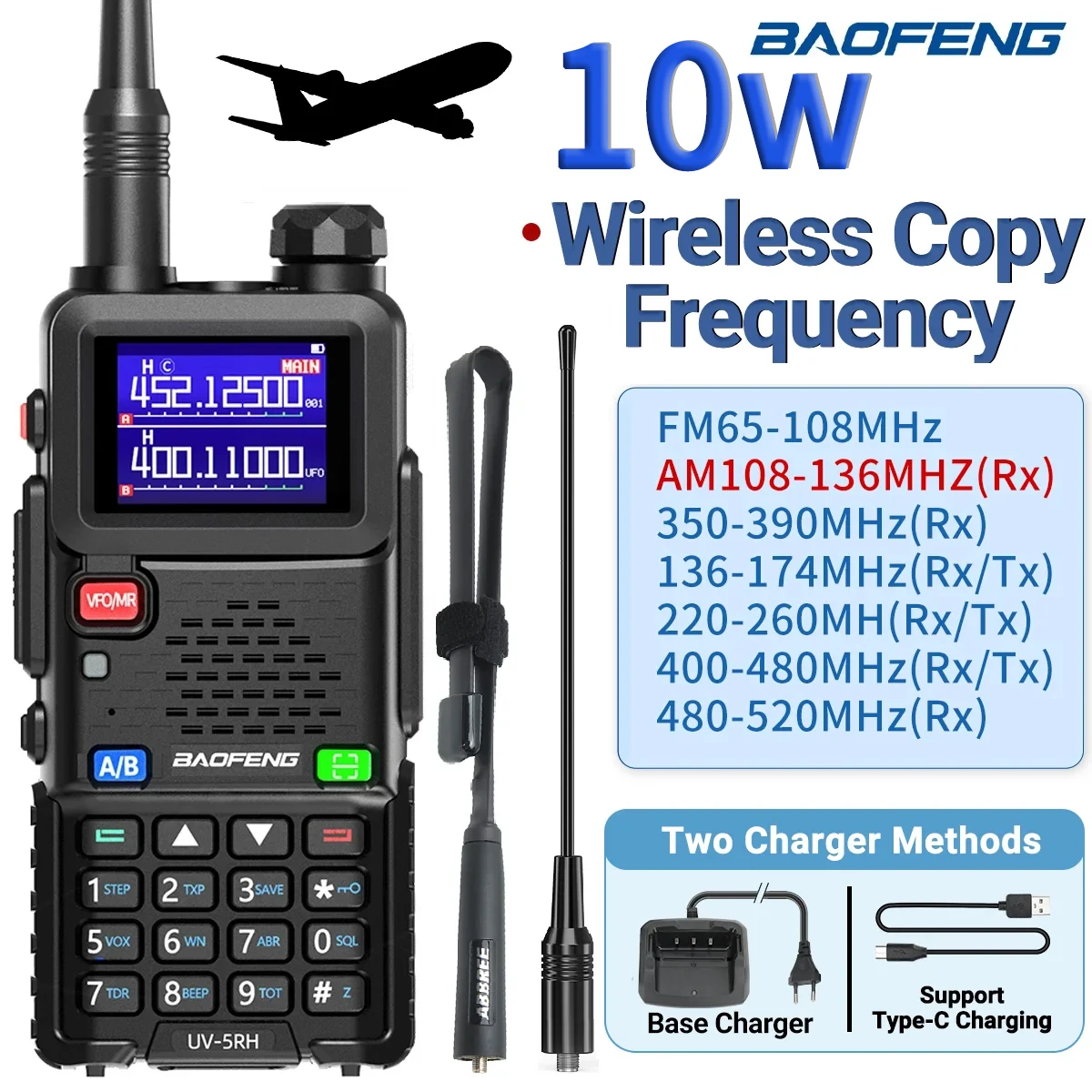 Baofeng UV-5RH Air Band Walkie Talkie Wirless Frequenza di copia Tipo-C NOAA Lungo raggio 999CH Aggiornato UV-5R 5RM Ham Radio bidirezionale