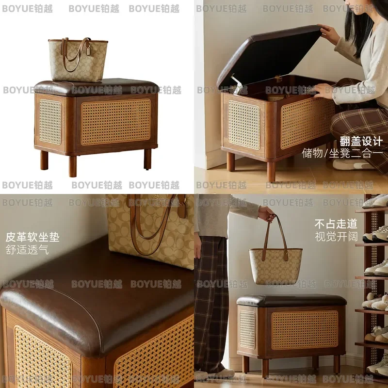 Solid Wood Shoe Bench with Rattan Storage Soft Cushioned Entryway Stool Integrated Seating and Organizer for Hallway