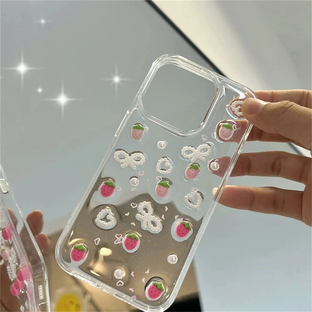 Cute 3D Strawberry Glitter Case For iphone 16 15 14 13 12 11 Pro Max 14 Plus 13 Mini X XR XS 7 8 SE2 Bow Pearl Epoxy Clear Cover