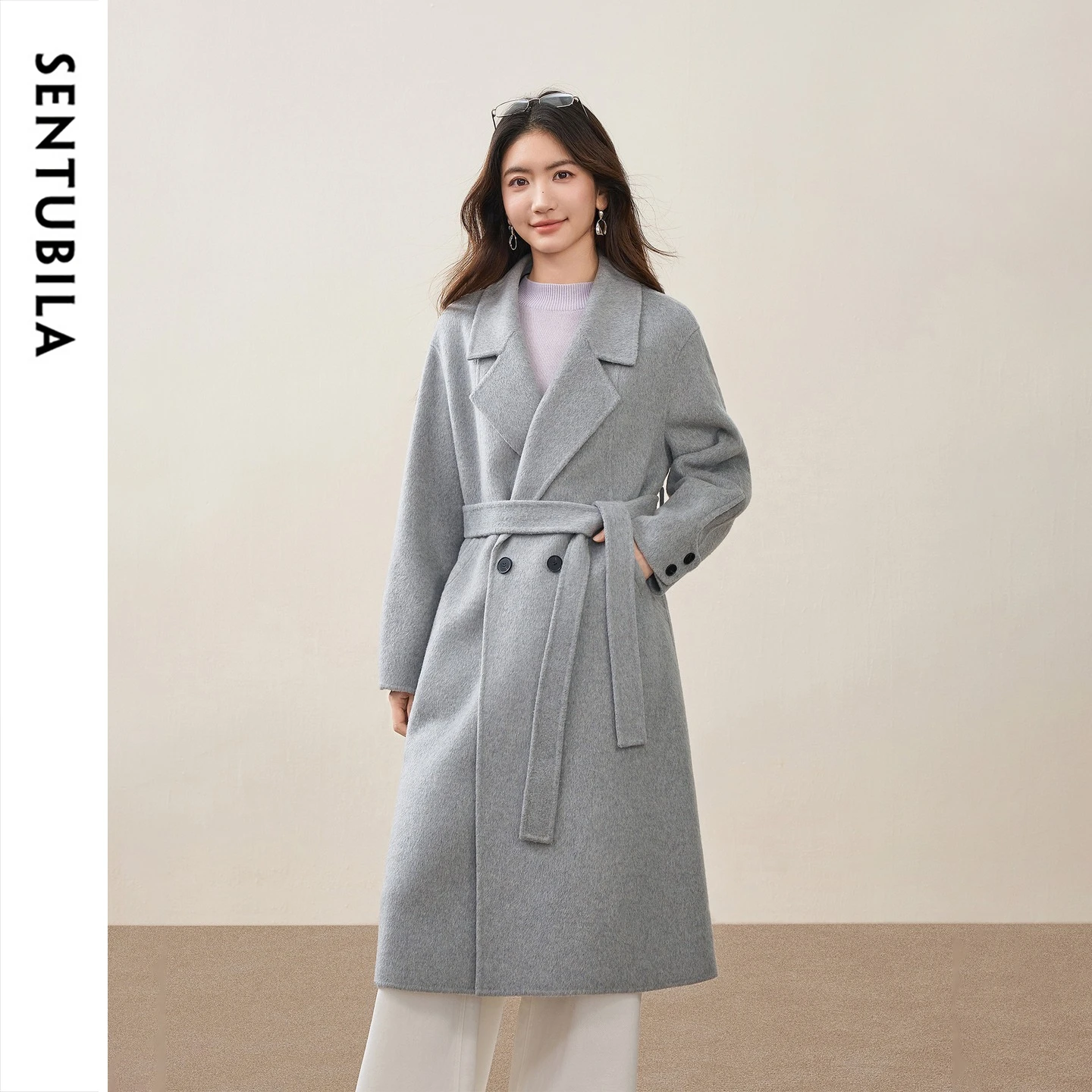 SENTUBILA Women Winter Coat Double‑Faced 2026 New Long Wool Cashmere Blend Overcoat Versatile Office Commuter Jacket W64OC7687