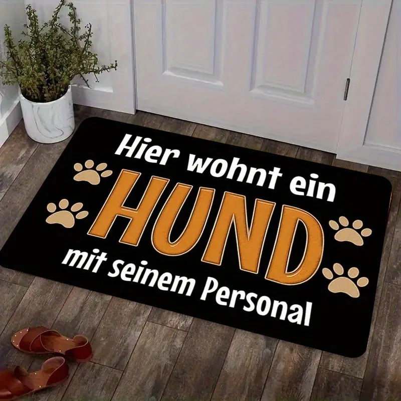 German Pet Family Doormat - "DOG" Text with Paw Print, 0.4-Inch Thick Sponge, Black with White Lettering, Machine Washable Rug