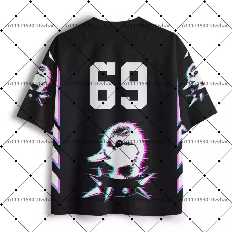 Soulisfree Punk Duck Mesh Jersey Design Digital Print V-Neck T-Shirt Comfortable Sports Short Sleeve