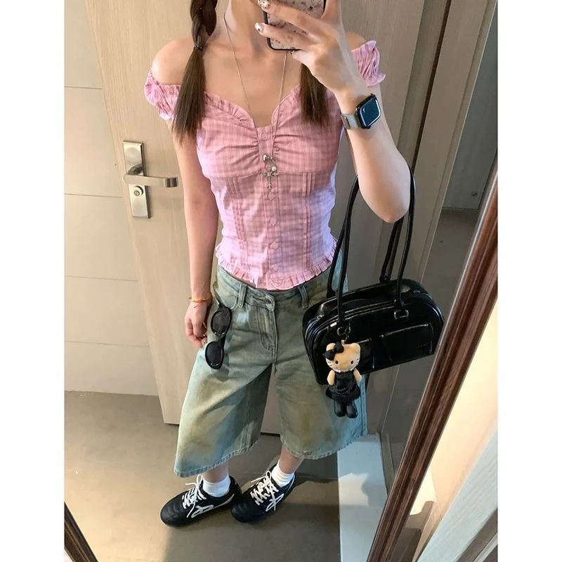 

Deeptown Korean Style Plaid T-Shirts Women Pink Sweet Sexy Off Shoulder Crop Tees Elegant Fashion Slim Up Tshirts Aesthetics