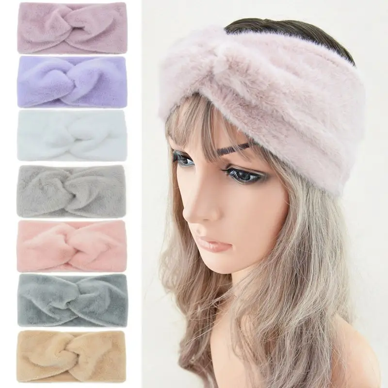 Ear Warmer Hairband Imitation Mink Fur Cross Plush Elastic Hair Band Solid Color Wide Turban Headwrap Women Hair Accessories