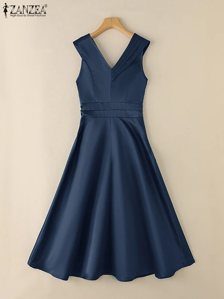 ZANZEA สตรีแฟชั่นซาตินค็อกเทลปาร์ตี้ Midi Dresses Elegant Pintuck V คอ Bow Tie A-Line Robes Femme เซ็กซี่ Vestidos