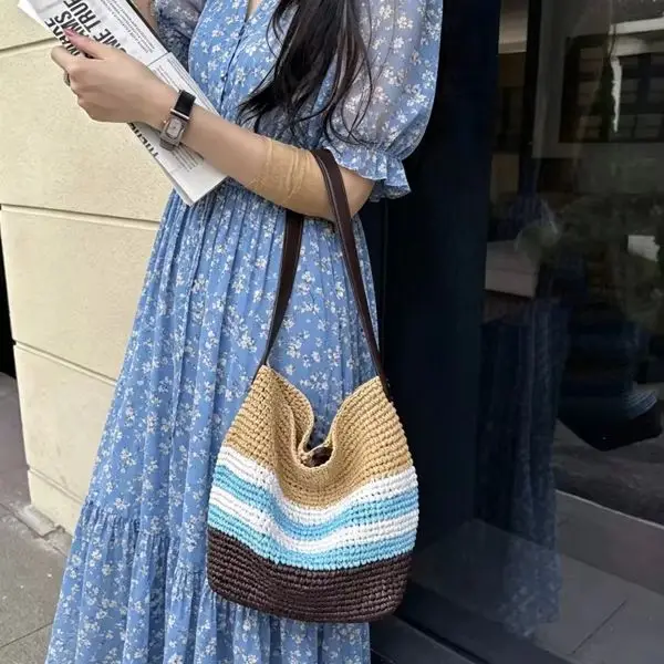 CLAREGQI  Striped Crochet Straw Shoulder Bag Summer Handwoven Bucket Bag Casual Vacation Crossbody Tote Bag For Women
