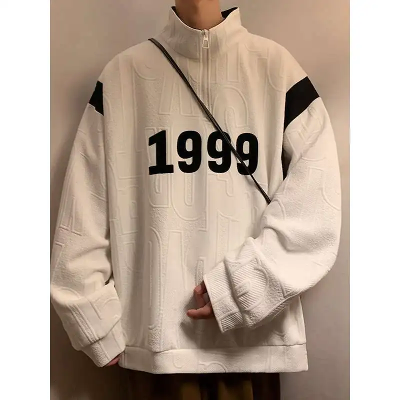 Fashion heavyweight sweatshirt men's vintage American retro half-zip design polo shirt autumn large size jacket men clothing y2k