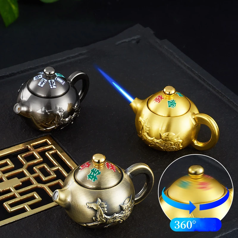 Windproof Novel Tea Pot Mini Lighter Direct Blue Flame Cigar Turbo Inflatable Butane Portable Lighter Men\'s Gift