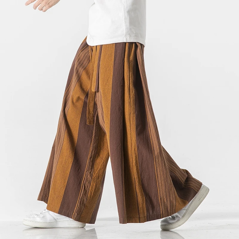 2024 Calça de linho de algodão estilo chinês primavera outono para homens traje antigo com listras Calça de homem Hanfu Calça de perna larga para casal