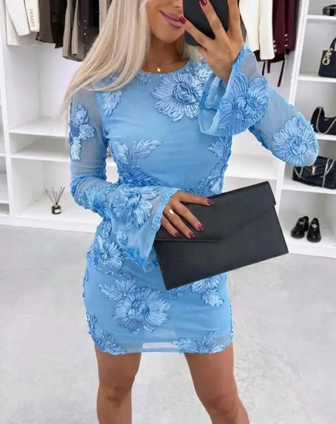

Women Dresses 2026 Spring New 3D Floral Mesh Patchwork Bodycon Mini Dress Sheer Bell Sleeve Round Neck Party Dress