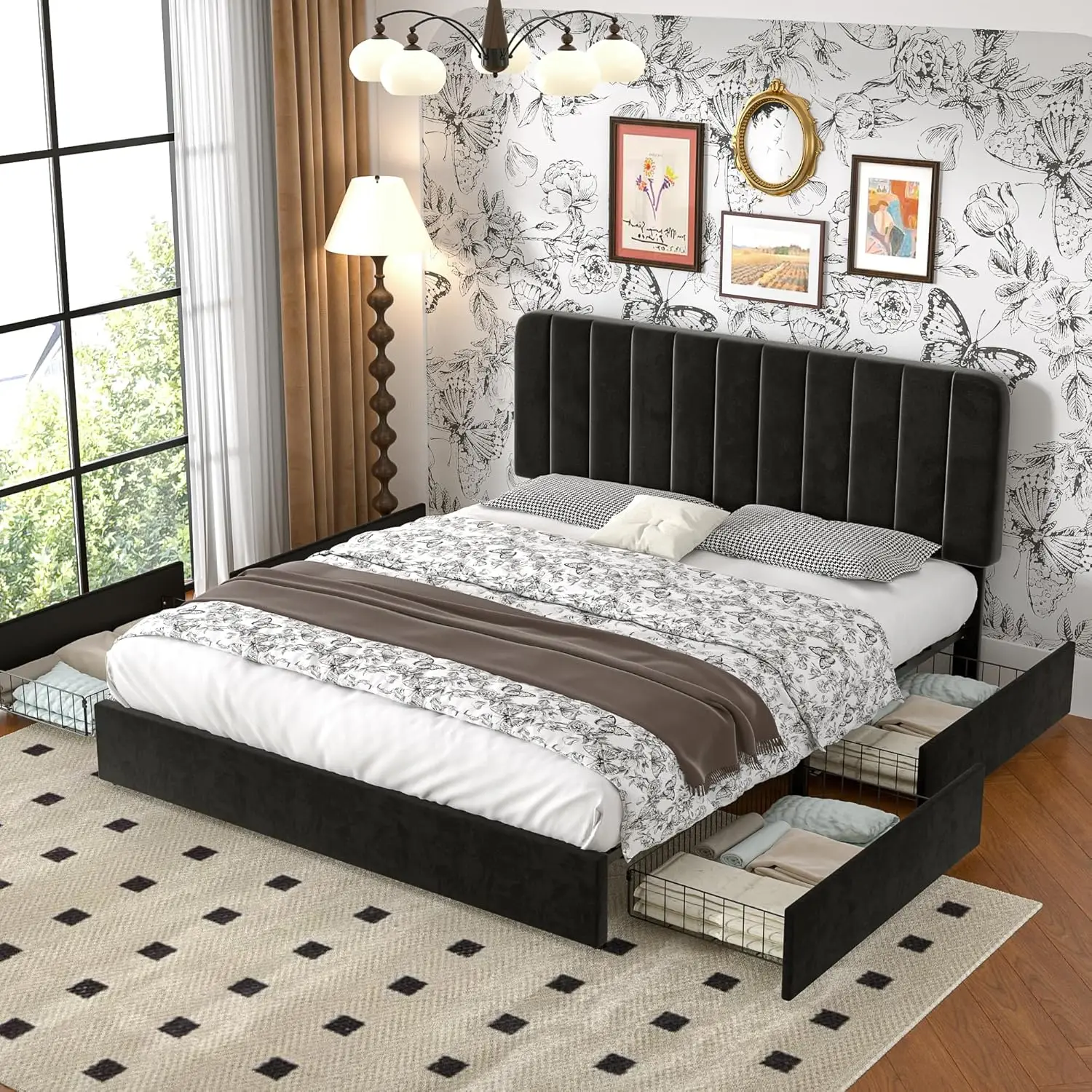 Full Size Upholstered Bed Frame with 4 Drawers and Adjustable Headboard, Velvet Platform Storage Mattress