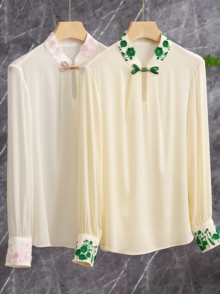 

Новая женская шелковая блузка в китайском стиле с воротником-стойкой, вышивкой и цветовыми блоками, премиум-класса, весенняя коллекция