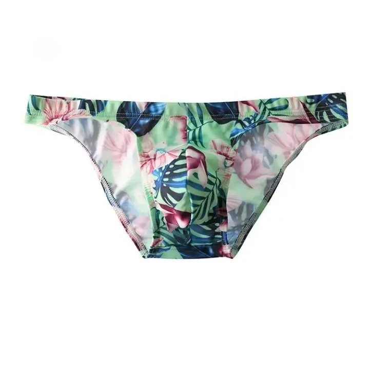 Sexy Men's Underwear Elastic Comfy Sweat Absorp Ice Silk Briefs Gay Low-rise U Convex Pouch T Back Thong Print Backless G-string