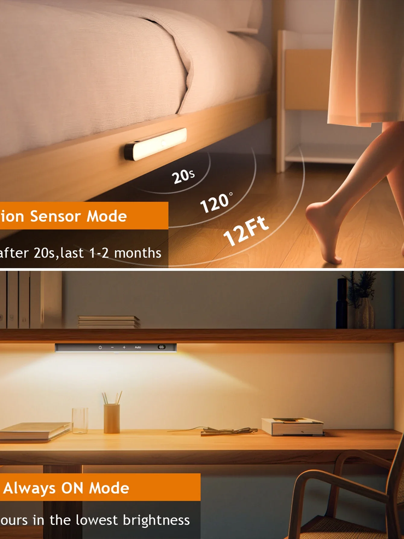 Motion Sensor Cabinet Warm Light Battery Display 60 LED Touch Light Bar Wireless Rechargeable Battery Night Light