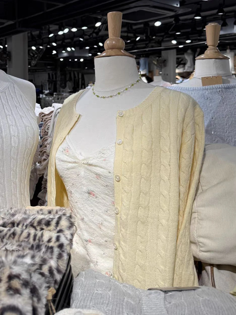 Twisted Flower Yellow Sweater Cardigan Woman Long Sleeve O-neck Single Breasted Cotton Knitwear Autumn All-match Sweet Sweaters