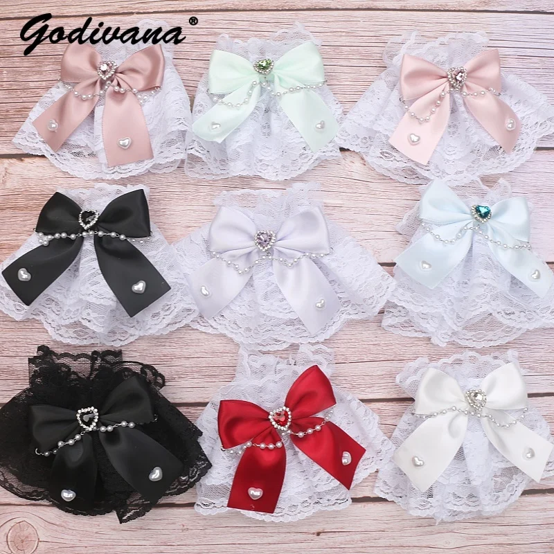 

Handmade Sweet Lolita Japanese Mine Lace Bow Bead Chain Love Oversleeves Girls Summer Lace Mittens