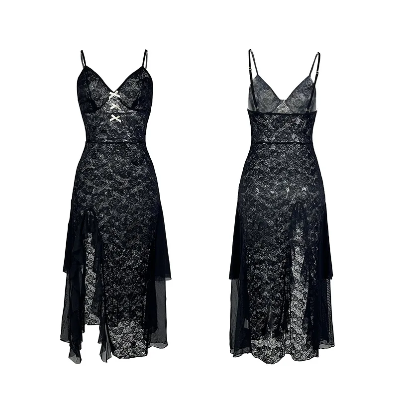 Women's Lace Perspective Suspender Nightdress High Split Irregular Ruffle Edge Backless Pajamas Sexy Loungewear