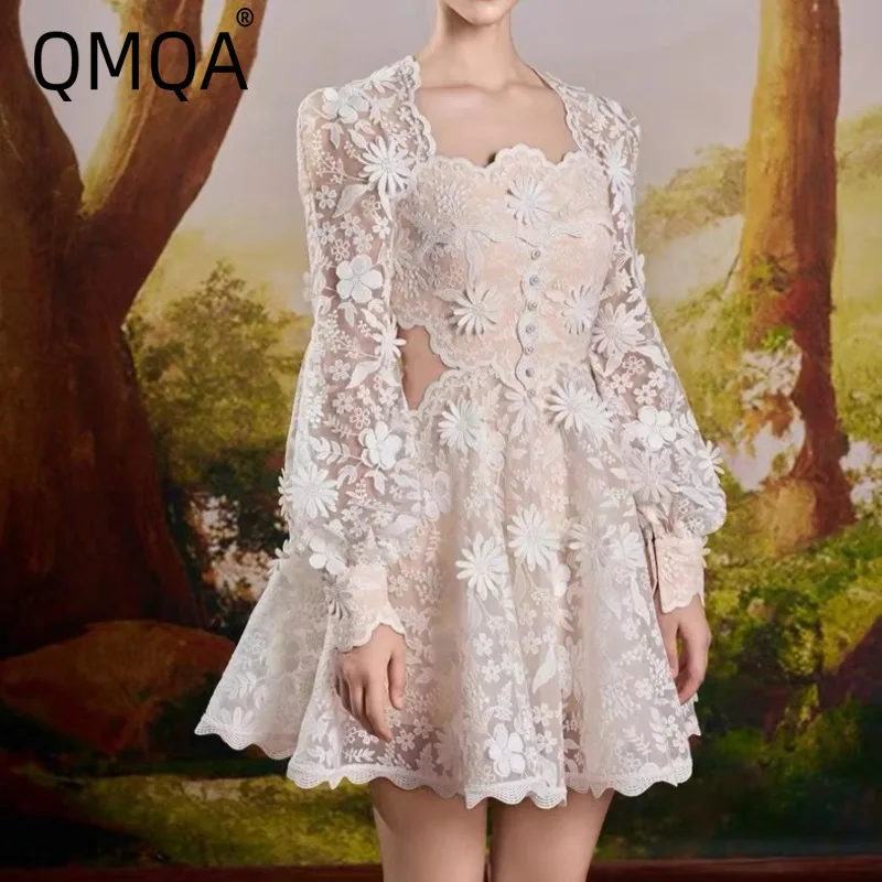 QMQA Fashion Women's Eelgant Dress Lace Embroidery Square Collar Beading Splicecd Hollow Out Holiday Party Dresses 2025 Spring