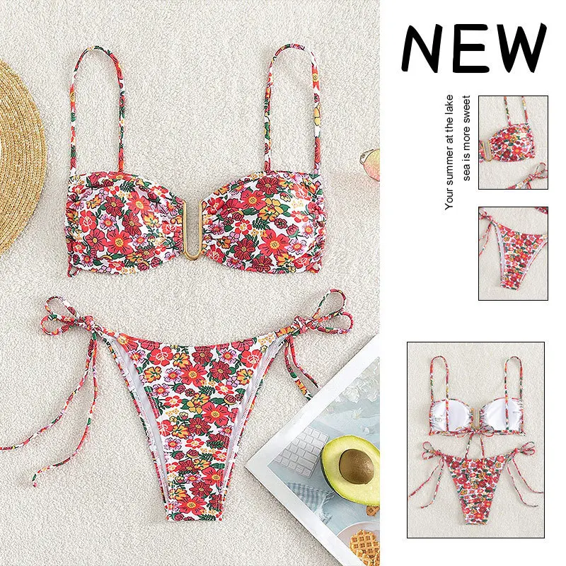 

New floral print small bust push-up two-piece swimsuit three-point beach bikini for women