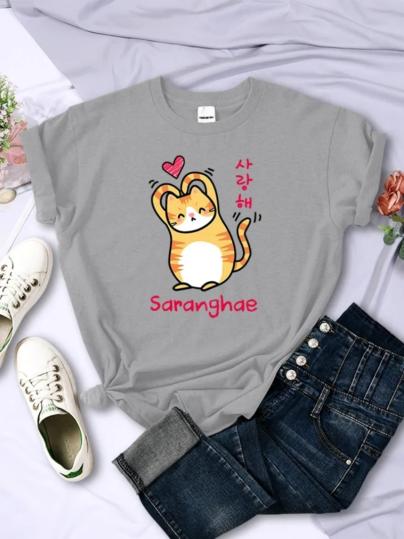 Camiseta de manga corta de Hip Hop para mujer, camiseta divertida de gran tamaño transpirable, top A Heart Little Orange Cat, bonita camiseta de dibujos animados para mujer