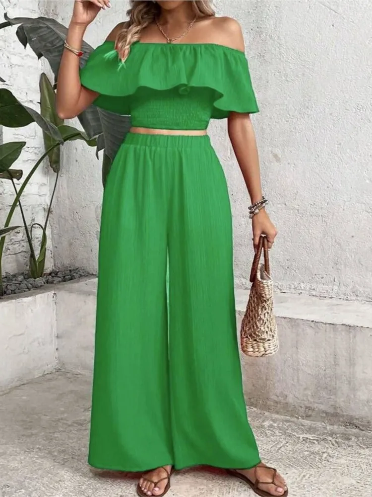 

2025 Summer Fashion New Women's Cotton And Hemp Set One-length Shoulder Shirt Elastic Waist Wide Leg Pants Sports Two Piece Set