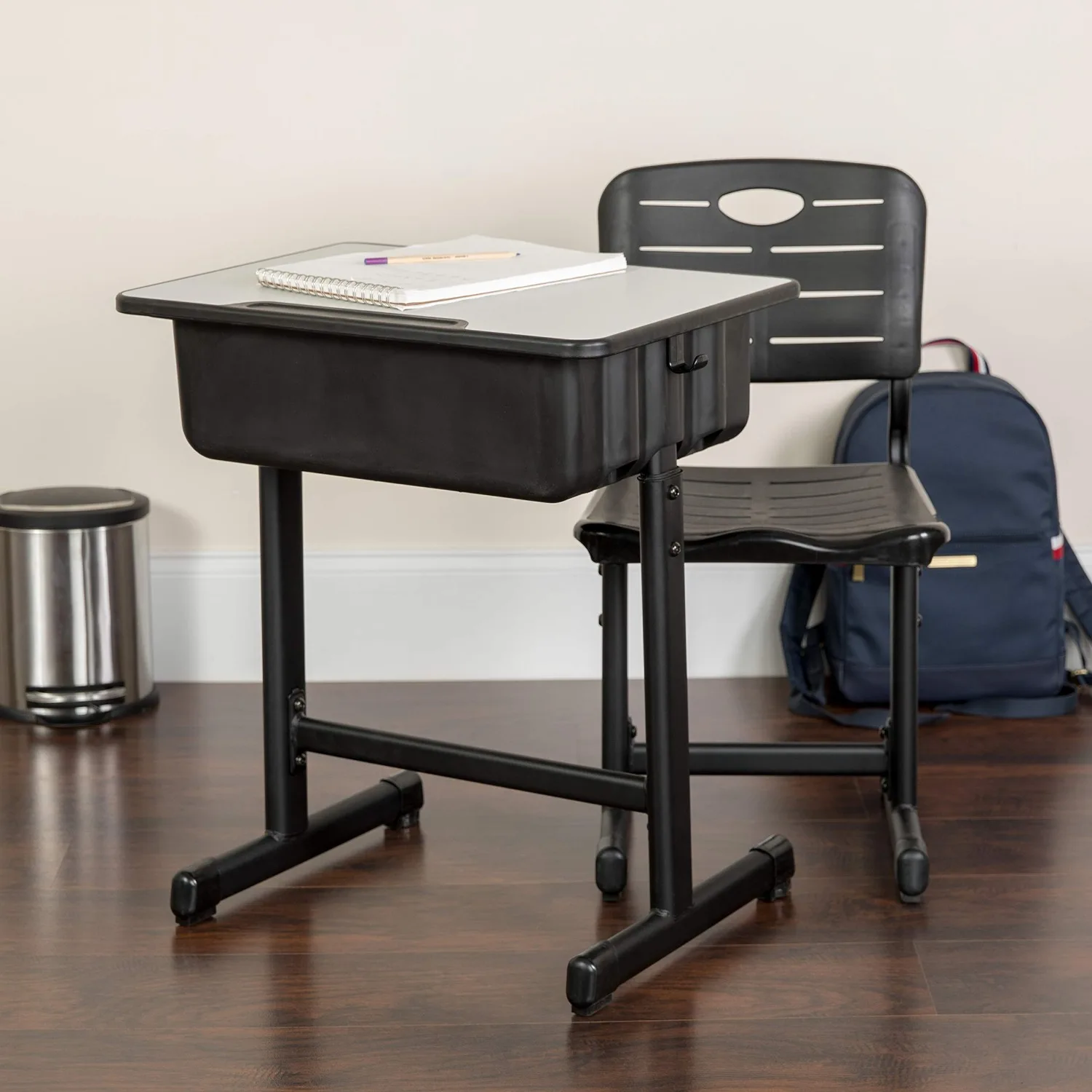 Black Adjustable Height Student Desk and Chair | Black Pedestal Frame, Height Adjustable, Classroom or Home Use