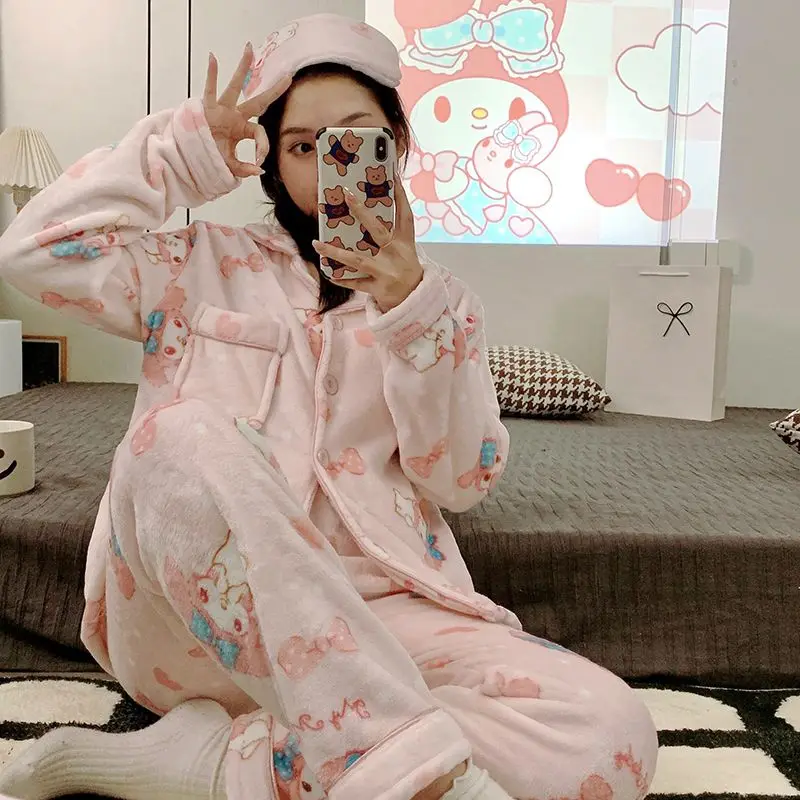 طقم بيجامة نسائي من My Melody موديل 2025 من الفلانيل الحراري لخريف وشتاء مريح ودافئ وأكمام طويلة ملابس منزلية للاستلقاء
