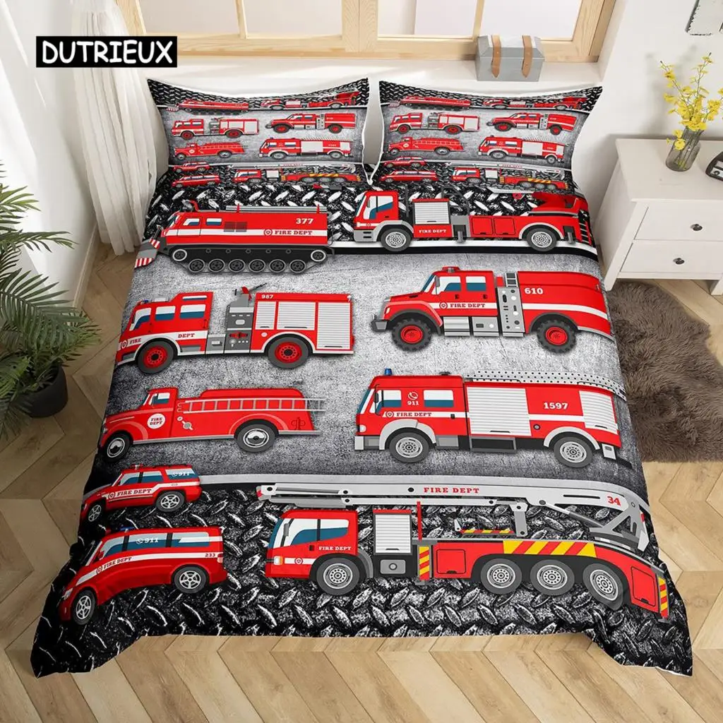 Fire Truck Duvet Cover Set Twin Size Red Firemen Car Vehicle Bedding Set Fire Engine Pattern for Boys Tire Printing Quilt Cover