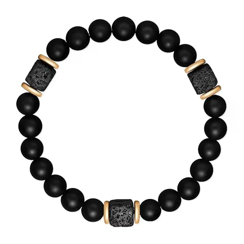 Elastic Adjustable Mens Bracelet 8mm Black Onyx & Lava Stone Beads Bracelet For Men Beads Charm Bracelet With Elastic Cord