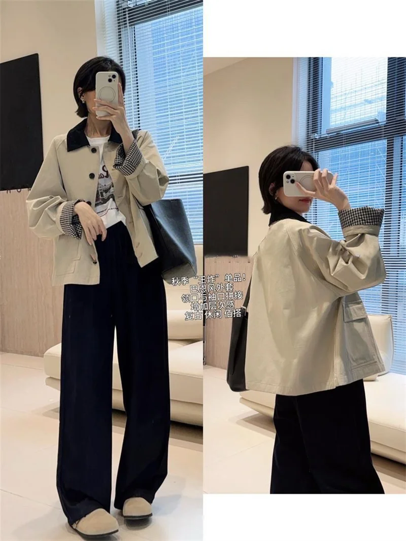 Women Winter Coats Contrast Plaid Single-breasted Loose  Khaki Trench Coat Casual  Joker High-grade Short Coat Woman Coat Women