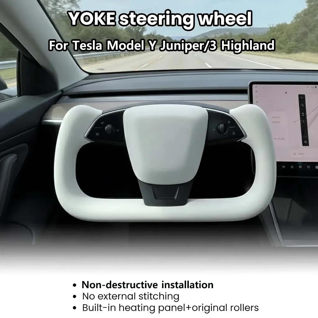 

for New Tesla Model Y Juniper 2025 Yoke Handle Steering Wheel With Heating NAPP Leather Alcantara Steering Wheel Car Accessories