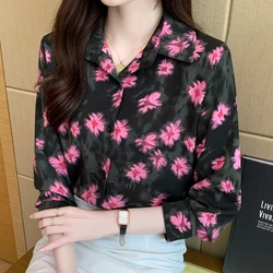 Women Spring Korean Fashion Loose Printing Polo-Neck Long Sleeve Shirts Women Clothes Casual All-match Temperament Trend Tops