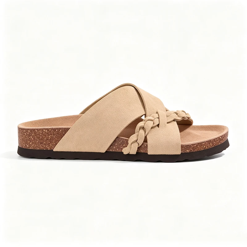 Smile Popcorn Women's Crisscross Braided Cork Slide Sandals Flat Slippers with Soft Arch Support Summer Casual Beach Slippers