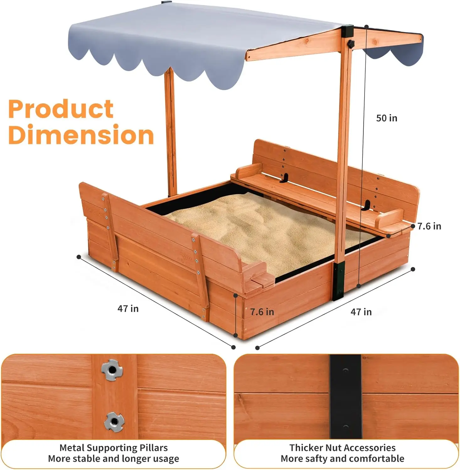 Kids Sandbox with Lid, Foldable Bench Seats Sand Box, Sandbox for Kids with Cover Adjustable Height Roof and Bottom Liner, Sand