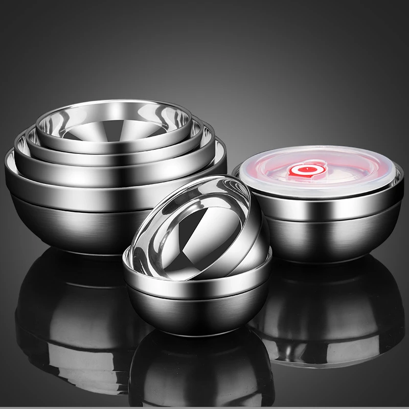 Stainless Steel Double Layer Bowl with Lid Anti-scalding Ramen Noodles Salad Bowls Food Storage Container