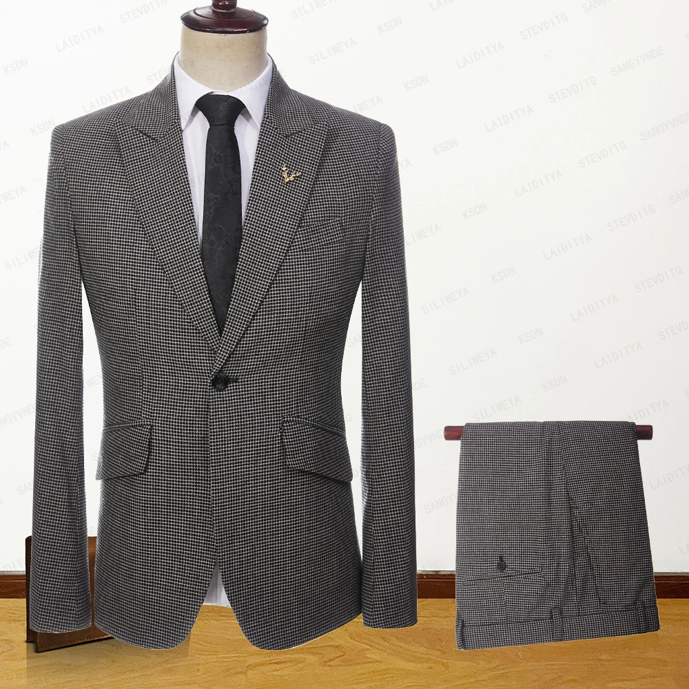 

2023 Fashion New Men's Summer Casual Linen Suits Black White Reto Classic Plaid Business Wedding Groom 2 Pcs Set Jacket Pants