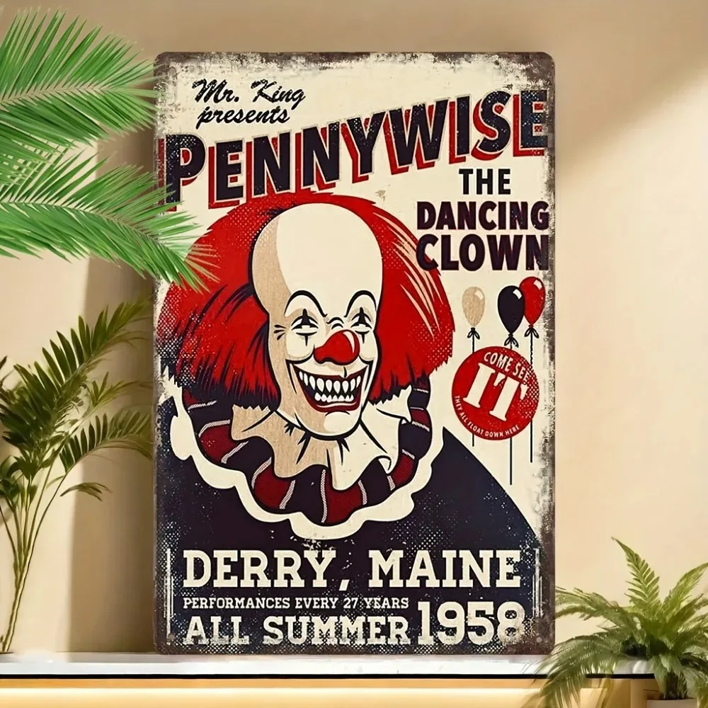 لوحة من القصدير - 1 لافتة حائط كلاسيكية من الألومنيوم عتيقة للمهرج الراقص Pennywise |   ديكور معدني من القصدير للبار والحانة والمقهى |   مثالية ل