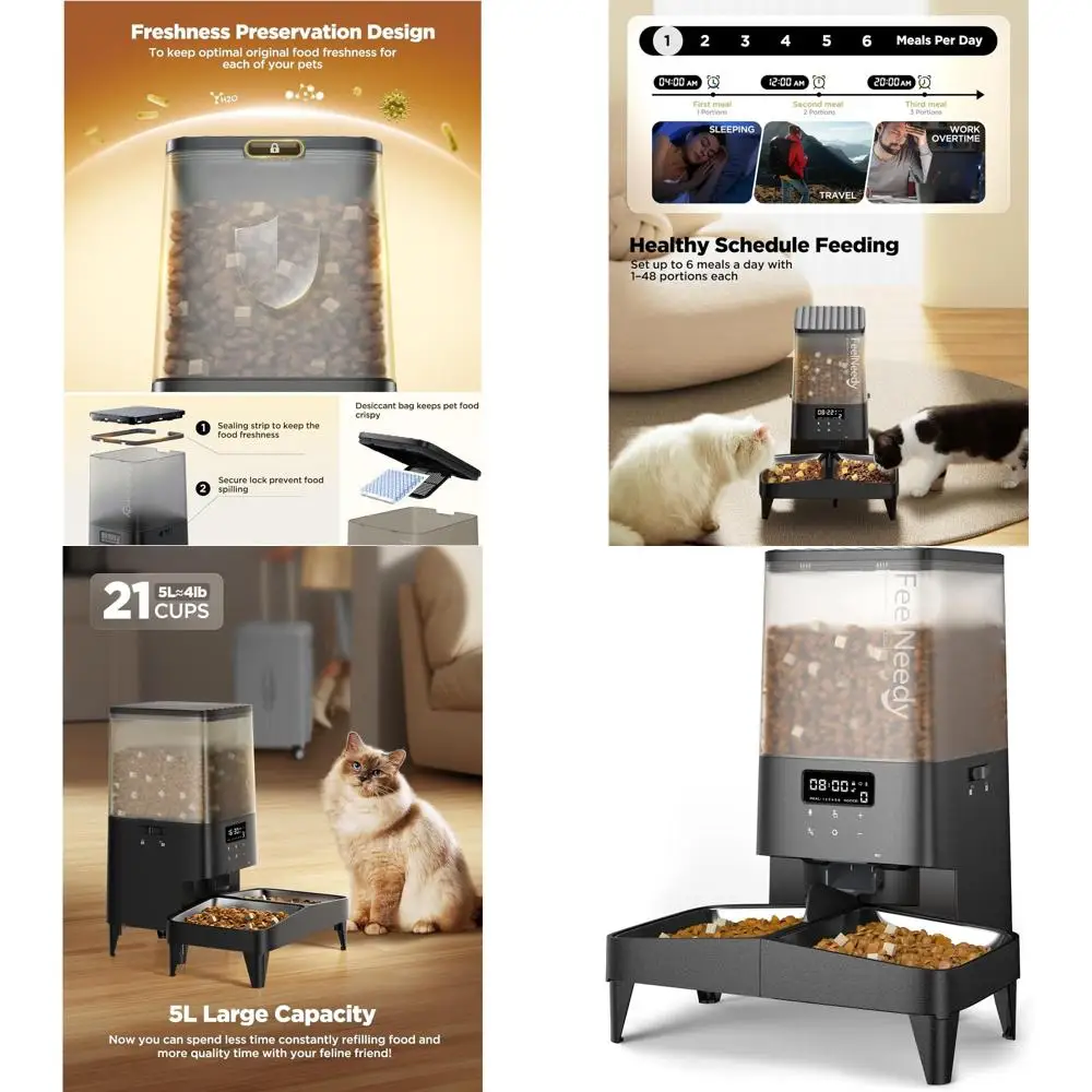 

Automatic Pet Feeder with 2 Elevated Dishes, Adjustable Portions, 10 Meal Times, 48 Servings, Suitable for Cats and Dogs