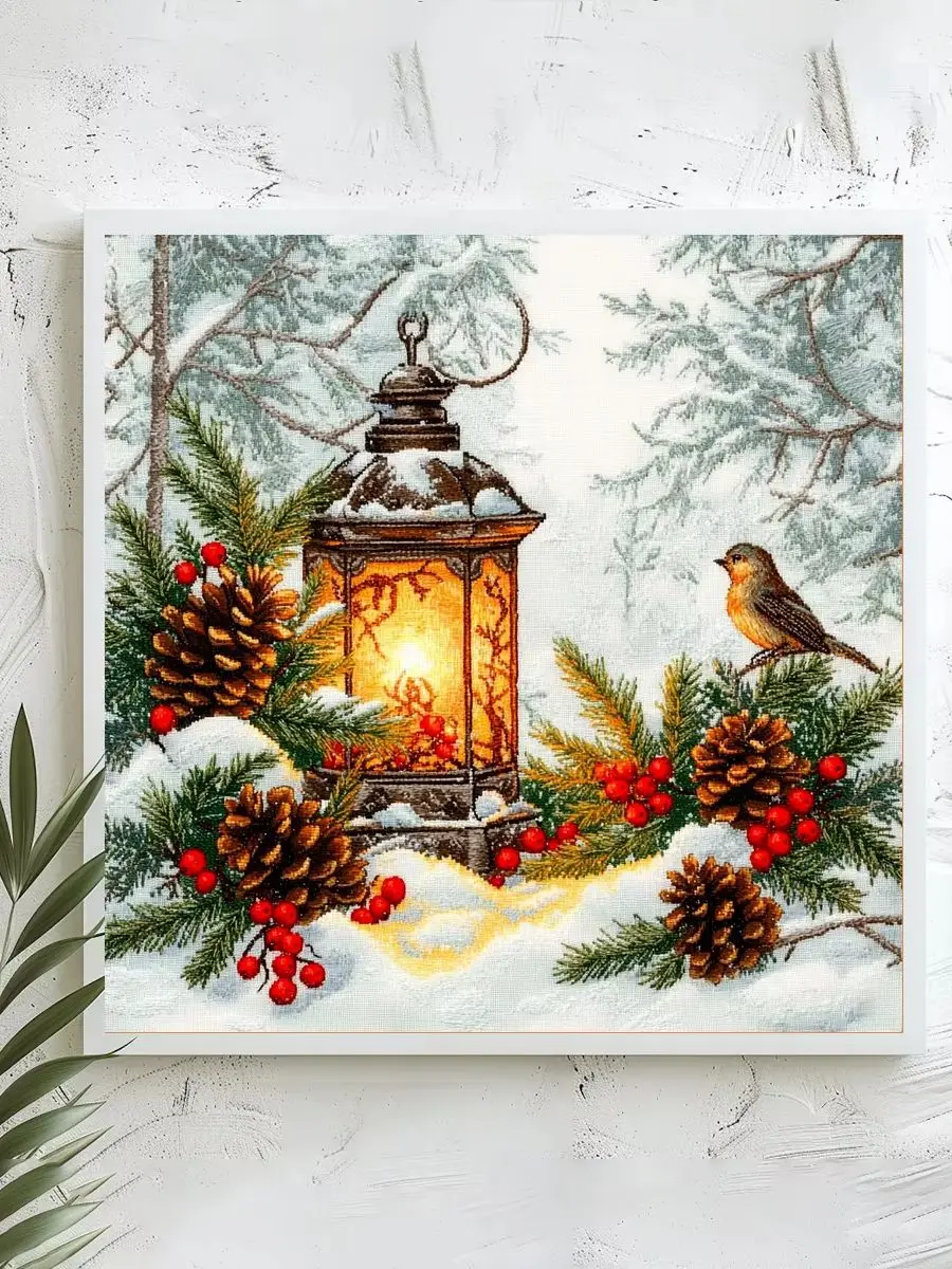 1 Stück 40x40 cm/15,74 Zoll, 11Ct/14Ct Kreuzstich-Set, DIY Valentinstagsgeschenk, Stickerei-Set für Festivals, Weihnachten, Laterne, Rotkehlchen – Detail 1