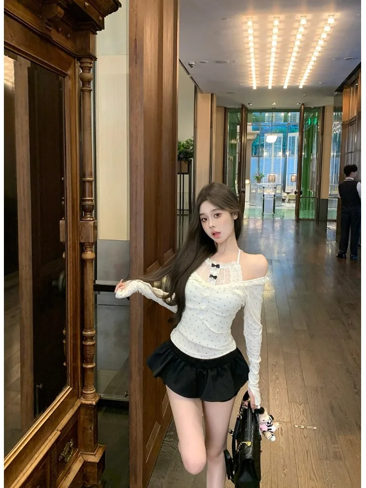 Camiseta larga Sve con nudo para mujer, Top de encaje con un solo hombro, conjunto de dos piezas ajustado, ropa informal para cita