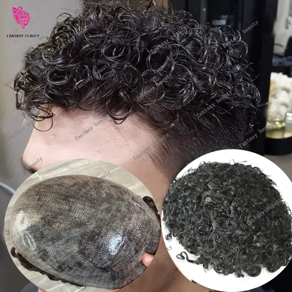 18mm Afro Curly Durable Invisible Transparent Skin Toupees African American Human Hair Wigs Mens Microskin Capillary Prosthesis