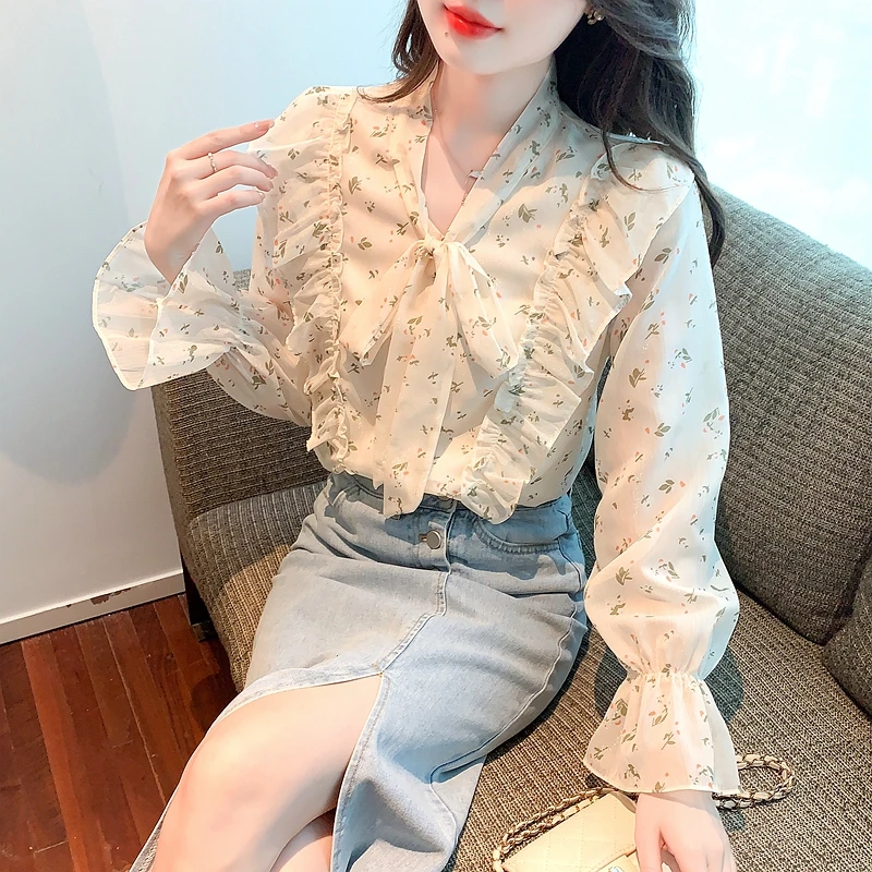 Mode Nieuwe Lente Lange Mouw V-Hals Vrouwen Blouse Casual Print Chiffon Blouse Shirt Vrouwen Tops Blusas Mujer De Moda 2024a160