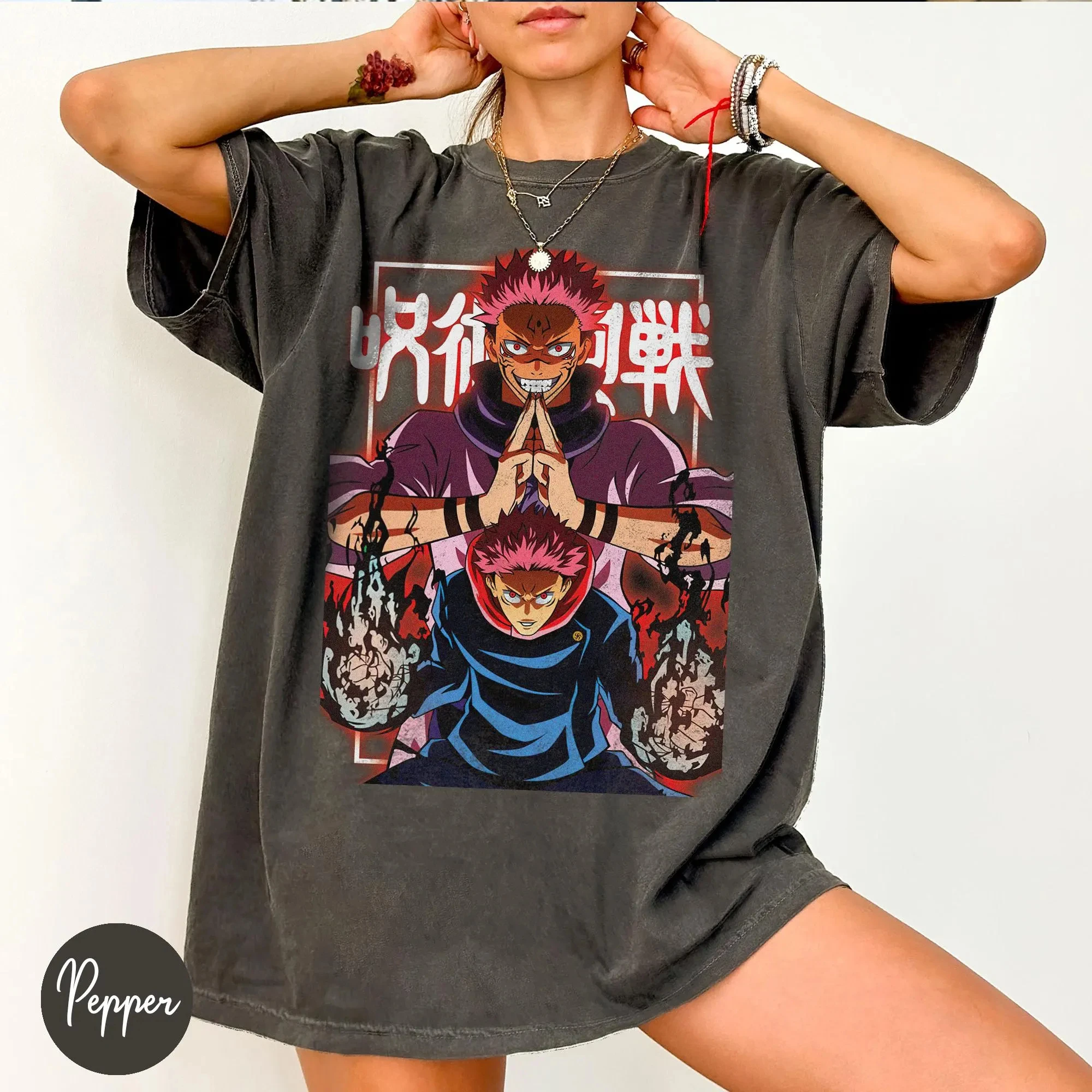 

Мужчины Женщины Аниме Дзюдзюцу Кайсен ‌ ‌ ‌ Футболка с принтом Ryomen Sukuna, хлопковая уличная одежда, свободная повседневная одежда большого размера с коротким рукавом