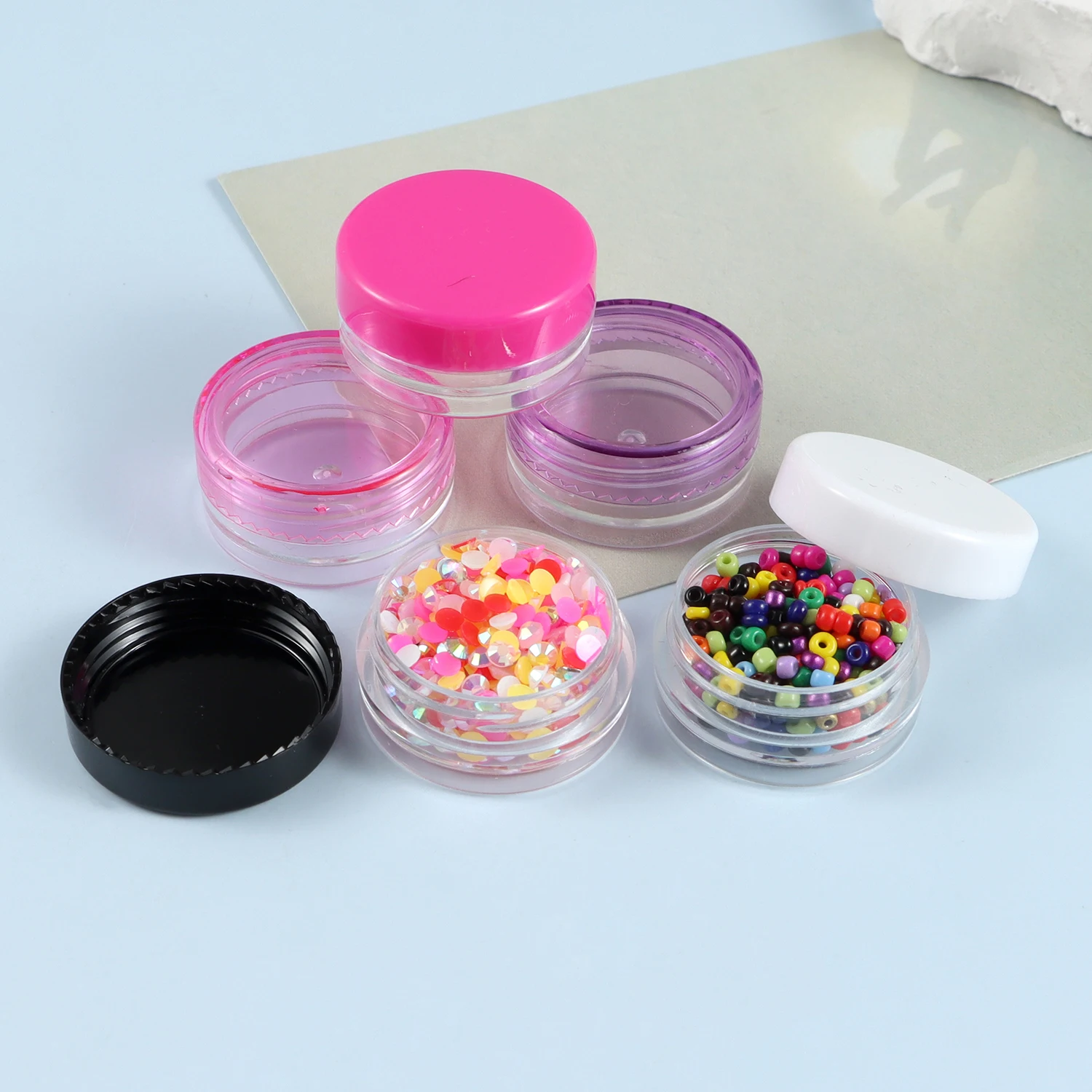 10Pcs 3g Colorful Plastic Empty Boxes Round Small Container Bottle Cosmetic Travel Pot Jars Rhinestones Gems Jewelry Storage Box