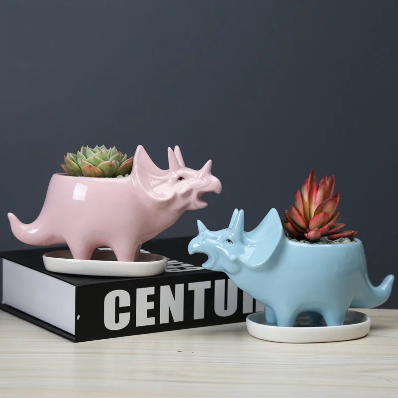 Keramische Triceratops Tuin Pot Met Dienblad, Creatieve Dinosaurus Standbeeld Planter Voor Vetplanten Bloempot, Huis Desktop Decoratie