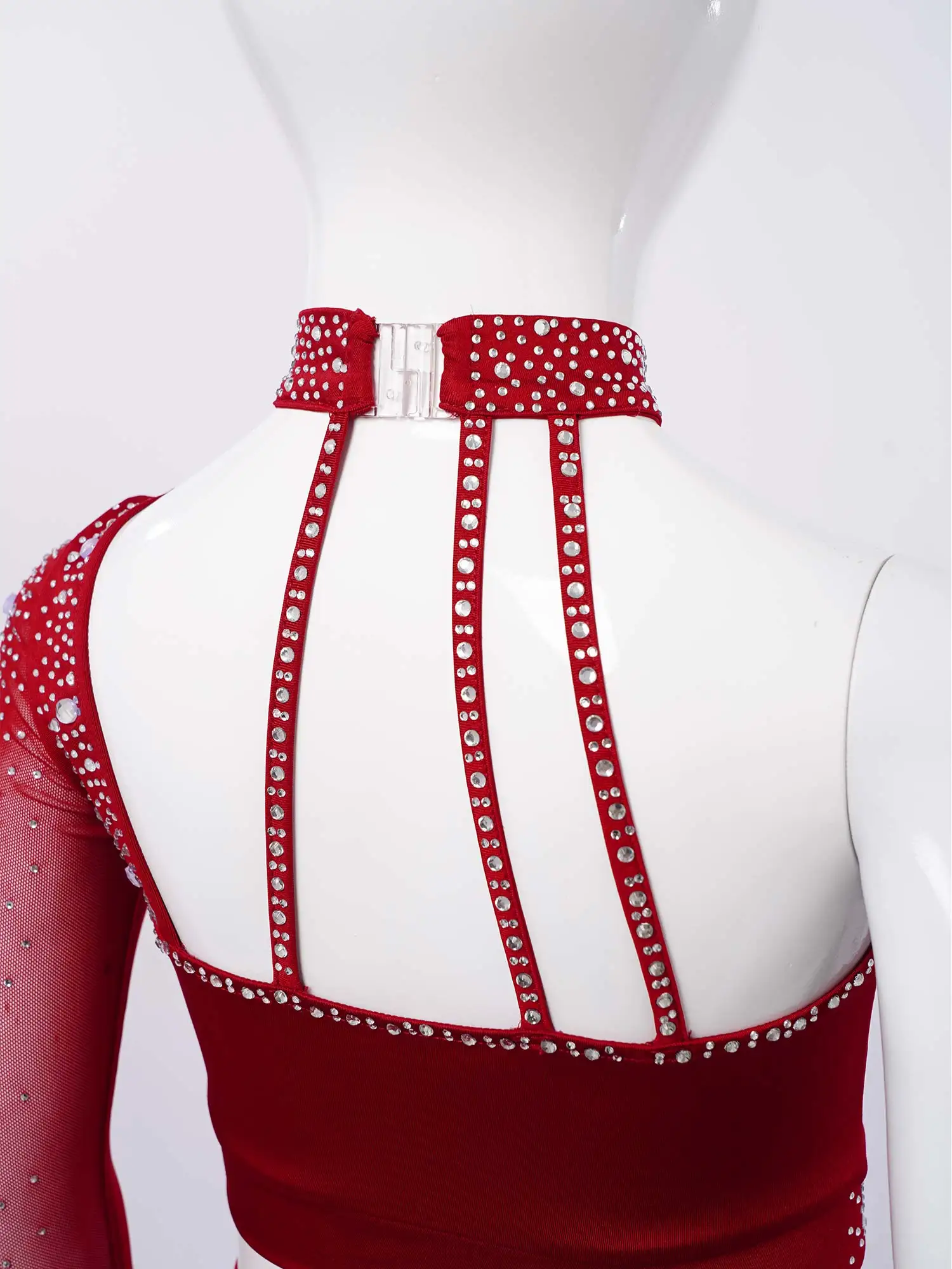 Kids Girls Modern Ballet Dance Outfit One Shoulder Sheer Mesh Long Sleeve Shiny Rhinestone Crop Top with Irregular Skirt image 5