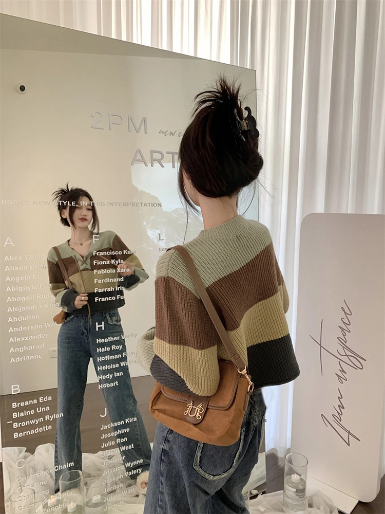 Striped Sweaters Women Panelled Autumn Winter V-neck Cropped Lace-up Knitwear All-match Simple Japanese Preppy Style Temperament