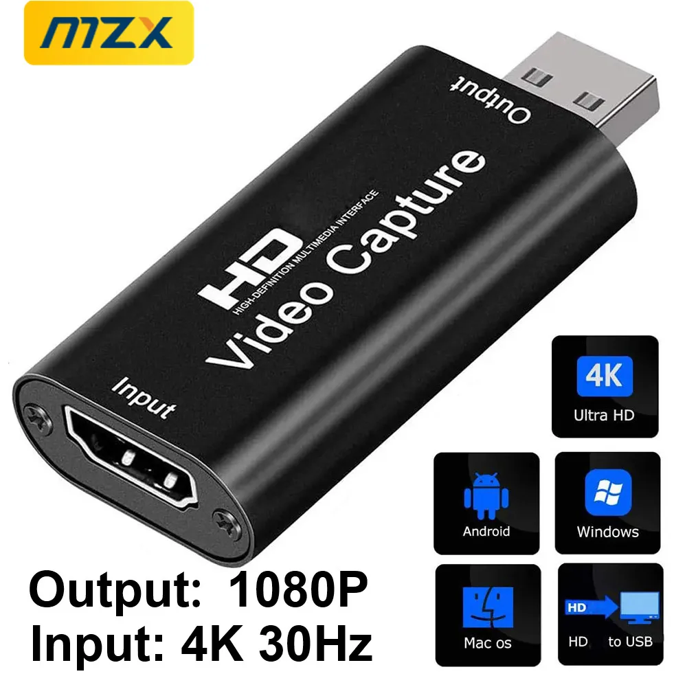 Video Capture Card Output 1080P Input 4K 30Hz 30fps HDMI-Compatible Live Streaming Capturer USB 2.0 Grabber Recorder Game Audio